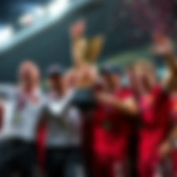RC Lens players celebrating their Supercup win with a trophy, showing excitement and teamwork