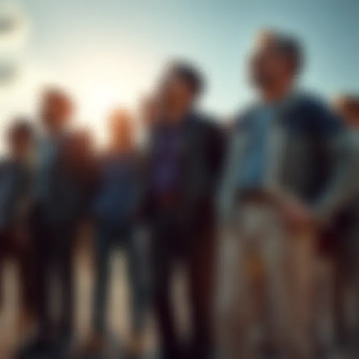 A group of diverse people standing together with determined expressions, looking towards a bright horizon, symbolizing readiness for new opportunities.