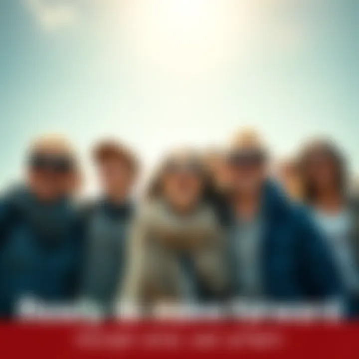 A group of people looking excited and motivated, ready to explore new opportunities in bright daylight.