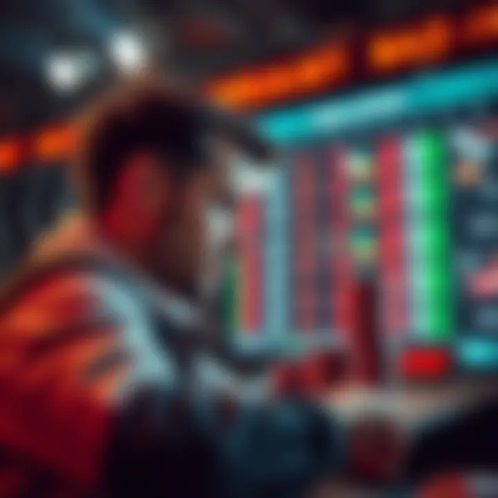 A person focused on making important betting decisions with stacks of chips and a digital betting screen in front of them.