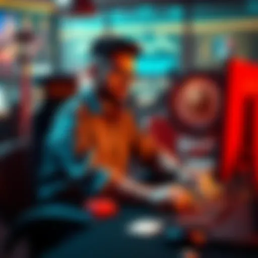 A player sitting at a computer, researching online casinos, with casino elements like playing cards and dice around.