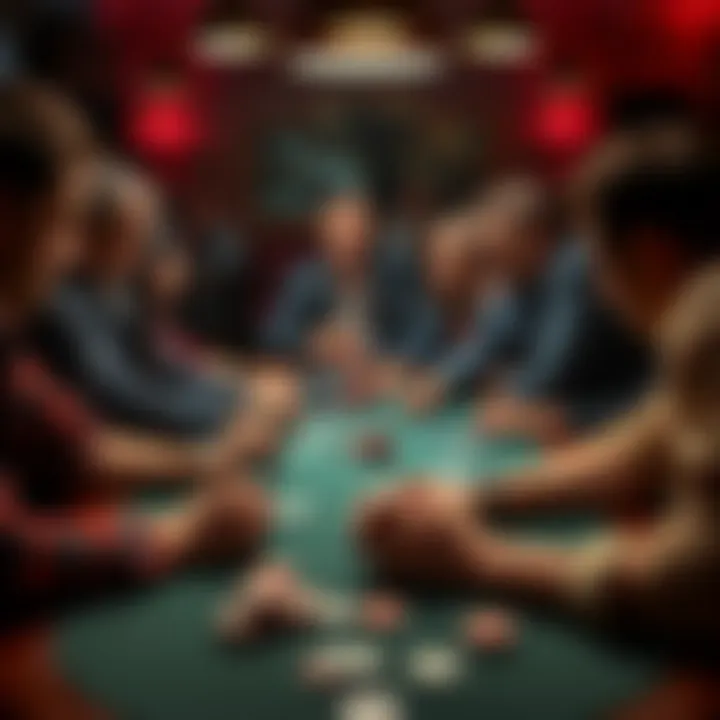 A group of players intensely focused around a poker table, with chips and cards visible, showcasing a lively home poker game atmosphere.