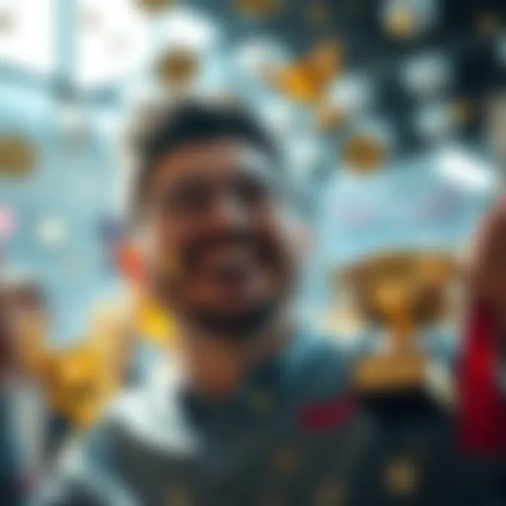 Recent Gains Celebration A person celebrating recent achievements with a smile, surrounded by symbols of success like trophies and charts, representing personal victories.