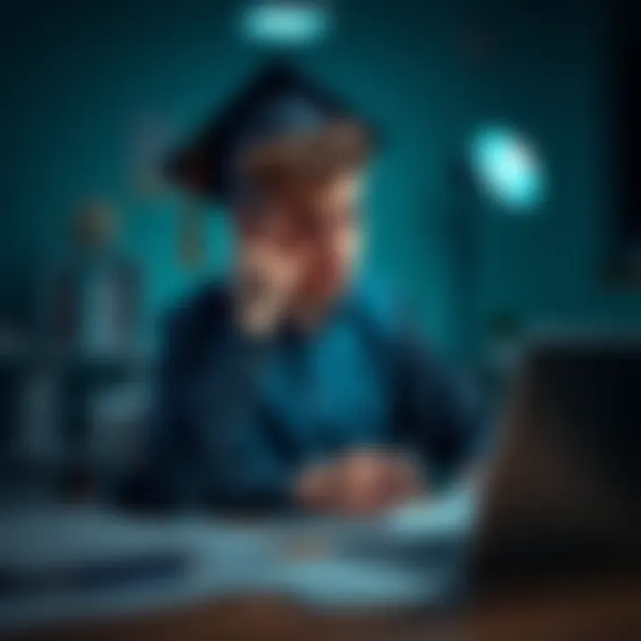 Recent College Graduate Seeking Help A young adult sitting at a desk looking worried, surrounded by job application papers and a laptop, symbolizing the struggle with gambling addiction and job preparation.