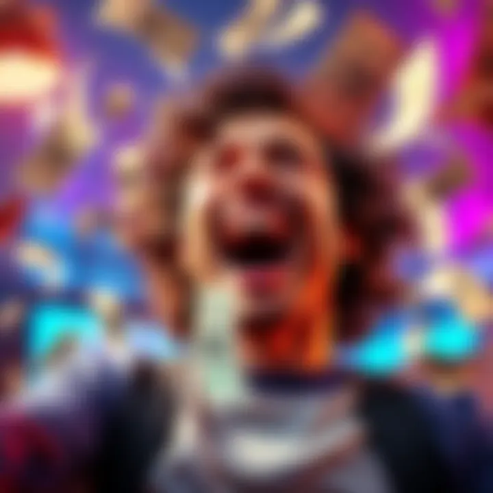 A joyful person celebrating a large bonus payment from a betting site, with dollar bills flying around them.