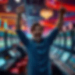 A happy player celebrating a big win at a casino, surrounded by slot machines and cheering people.