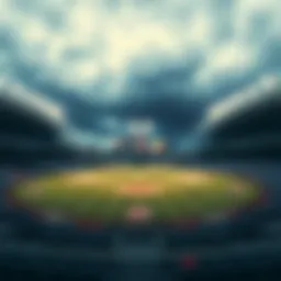 A baseball field during a rain delay with clouds overhead and empty stands, showing the halted game atmosphere