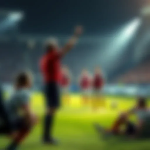 Referee signaling a foul during a tense soccer match, players reacting in the background