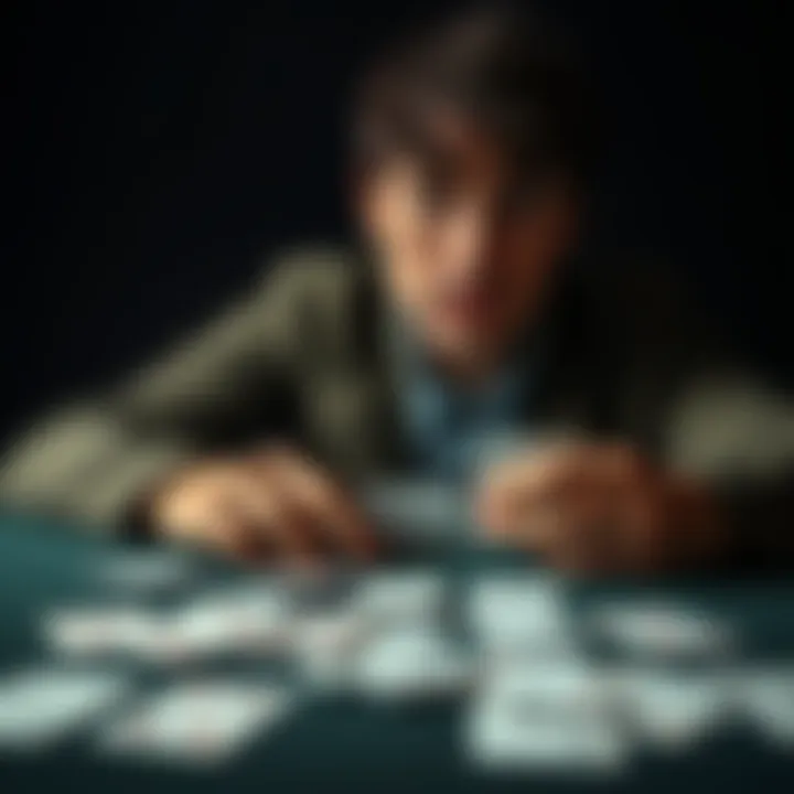 A person sitting alone with a somber expression, looking at empty playing cards on a table, symbolizing struggles with gambling and feelings of defeat.