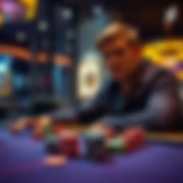 A person reflecting on their gambling journey A person sitting at a table, looking thoughtful with a stack of poker chips in front of them, symbolizing their decision to step back from gambling.