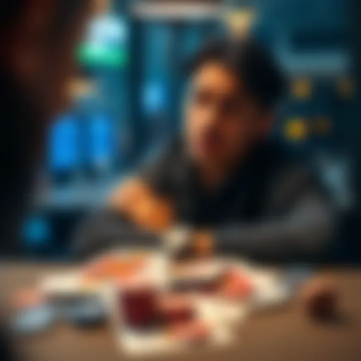 A person sitting at a table with a worried expression, surrounded by playing cards and chips, symbolizing the struggle with gambling losses and maintaining hope.
