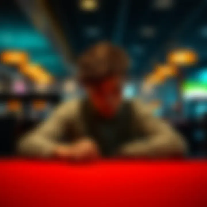 A person sitting alone at a table, looking down with a thoughtful expression, symbolizing their internal struggle with gambling addiction and a desire for change.