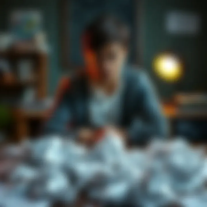 A person sitting pensively at a desk, surrounded by crumpled papers, symbolizing the struggle to learn from errors.