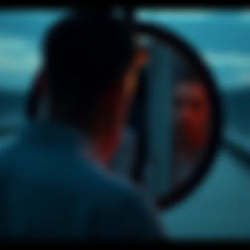A person looking in a mirror, contemplating their strengths and weaknesses, surrounded by a calm environment