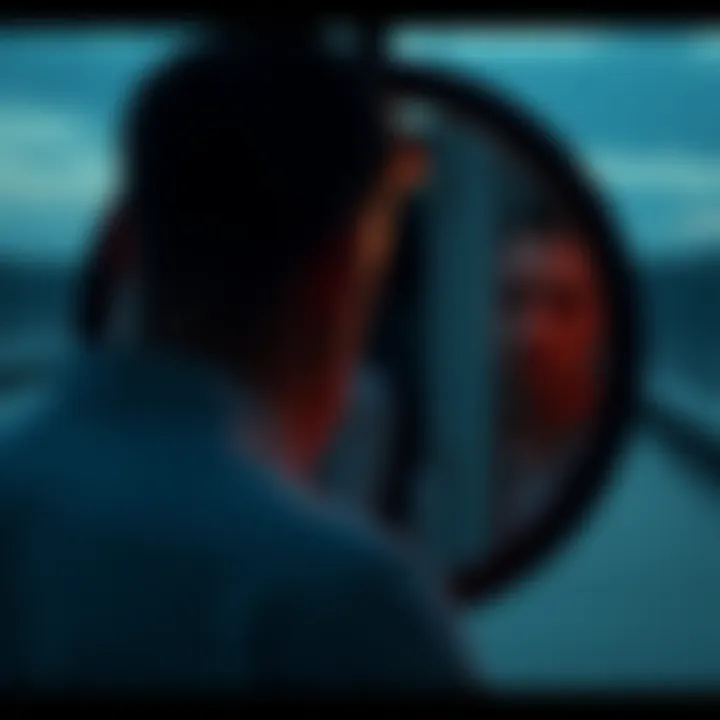 A person looking in a mirror, contemplating their strengths and weaknesses, surrounded by a calm environment