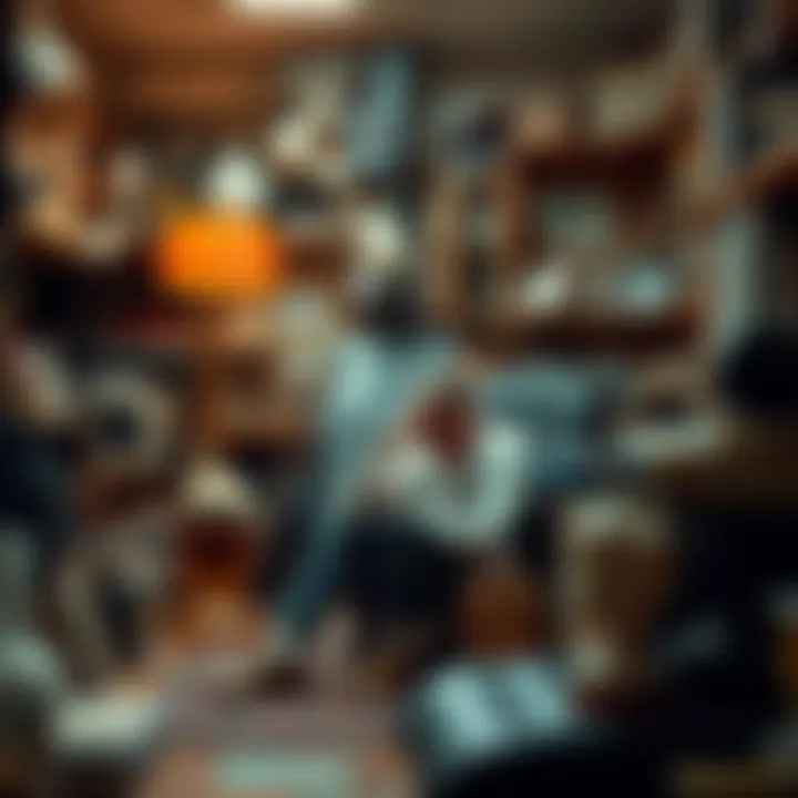 A person sitting thoughtfully in a cluttered room filled with absurd objects, contemplating everyday life.