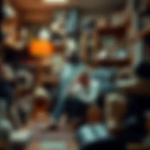 Reflective person in a chaotic setting A person sitting thoughtfully in a cluttered room filled with absurd objects, contemplating everyday life.