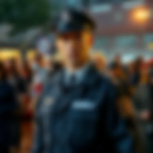 Reggie Bluff standing with a serious expression, wearing a security uniform, looking at a crowd, showing uncertainty among people around him.