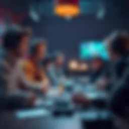 A group of gamers discussing their gaming habits and experiences, with notebooks and game controllers on the table.