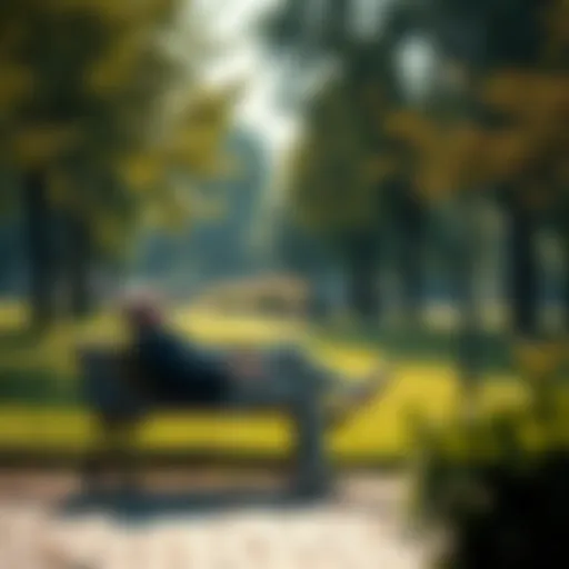 Individual relaxing on a bench in a serene park, enjoying a moment of peace and quiet during a busy day