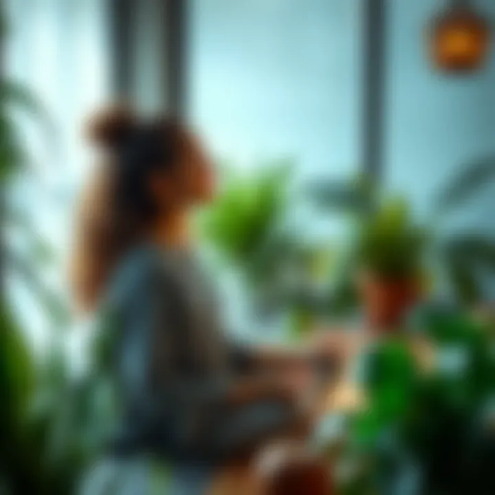 Person practicing relaxation techniques in a calm environment with plants