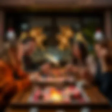 Relaxed game night with friends A group of friends enjoying a board game night, laughing and having fun together, showcasing a relaxed atmosphere.