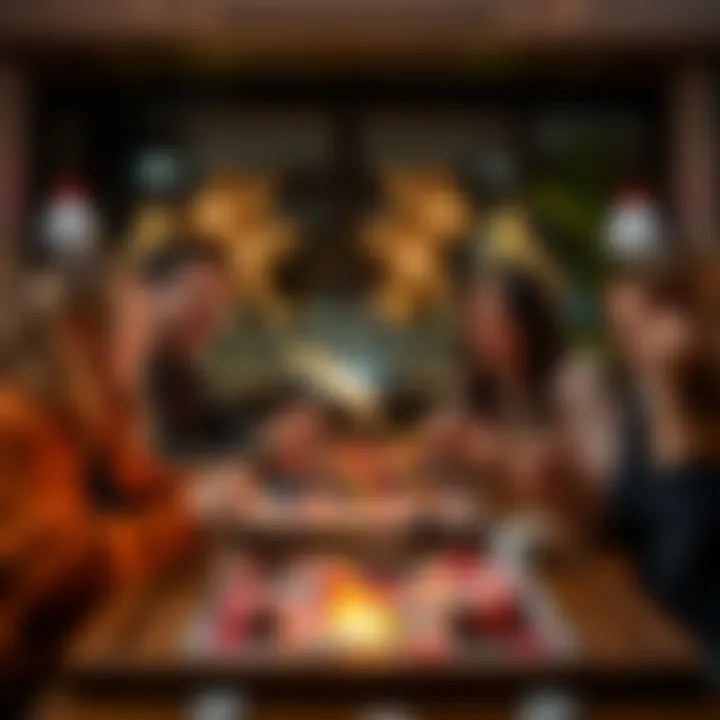 Relaxed game night with friends A group of friends enjoying a board game night, laughing and having fun together, showcasing a relaxed atmosphere.