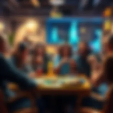 A group of friends enjoying a larger game setup with smiles and excitement, surrounded by colorful game pieces and snacks.