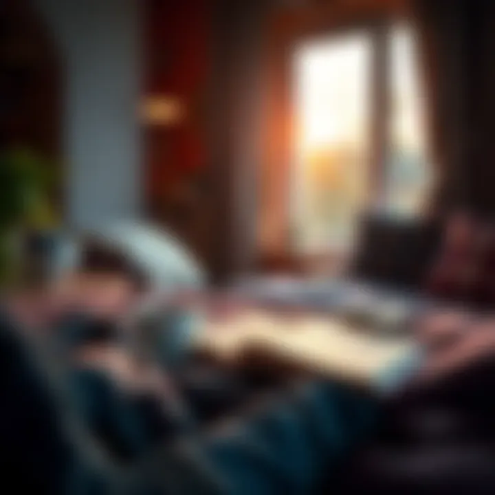 A person enjoying a peaceful Sunday morning with coffee and a book in a cozy setting