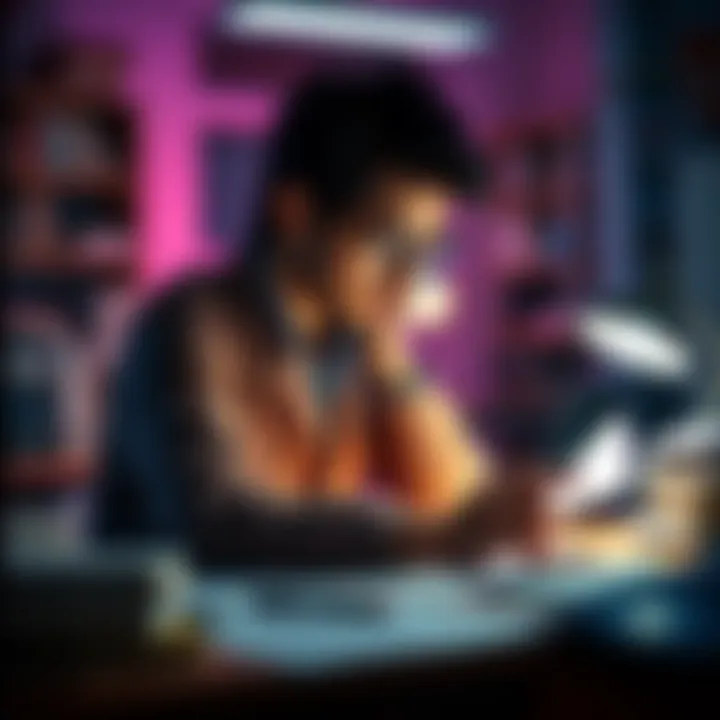 Researcher looking for information A researcher sits at a desk, surrounded by books and papers, deep in thought while searching for ideas.