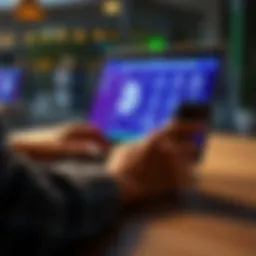 Resetting Crypto Account A person using a laptop to reset their cryptocurrency account balance with visible digital wallet icons on the screen.