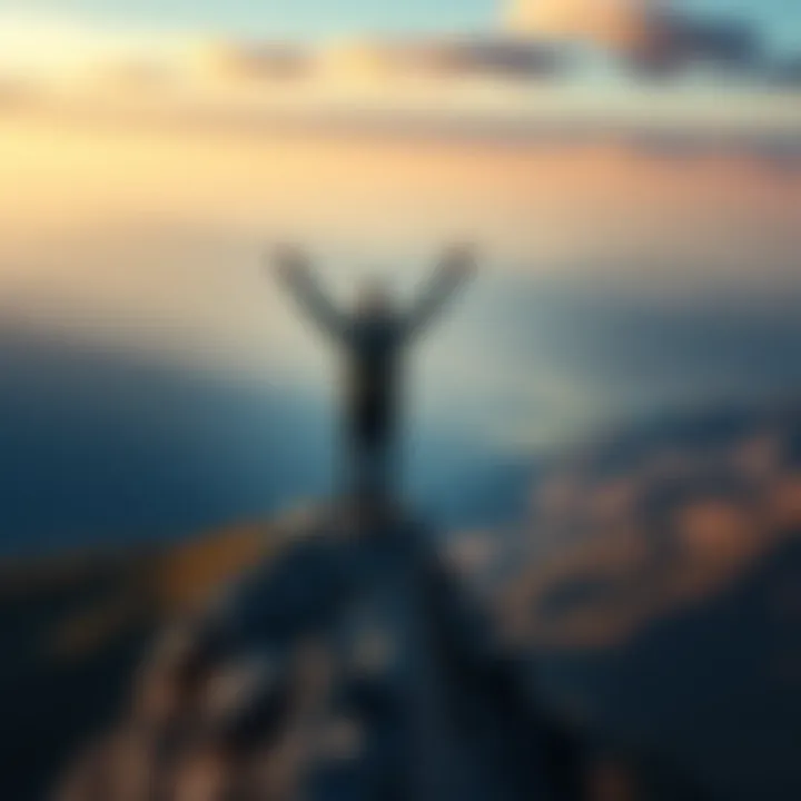 A person standing on a mountain peak, arms raised in celebration, symbolizing resilience and recovery after difficult times.