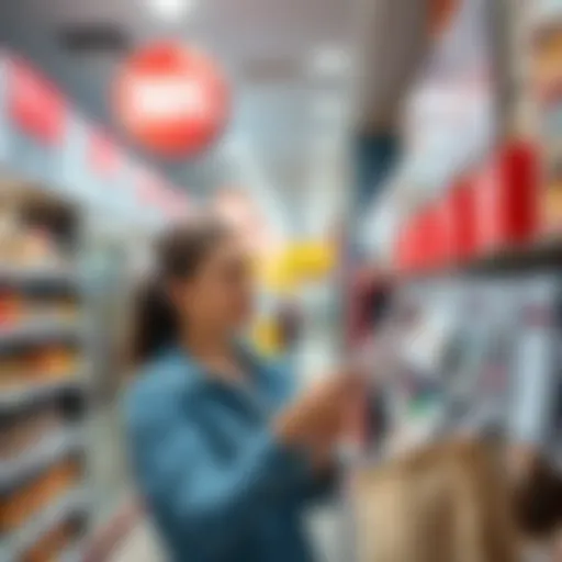 A shopper looking confused while checking a receipt at a store in Las Vegas, with signs about Resort Credits displayed