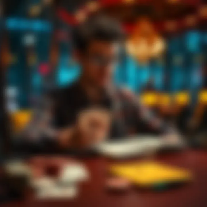 A person sitting at a table, contemplating with a deck of cards and a notebook, symbolizing reflective decision-making in gambling.