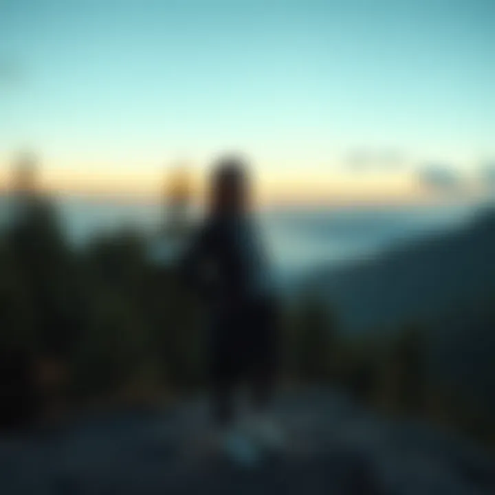 Return to a Familiar Place A person standing at the edge of a familiar location, looking around with a thoughtful expression, surrounded by nature and a sense of nostalgia.