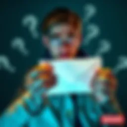 Revealed Secrets A person holding a letter with a worried expression, surrounded by question marks, symbolizing uncertainty about the hidden information.