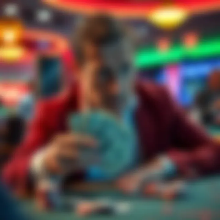 A wealthy individual appears anxious, holding cash while glancing towards a gambling table.