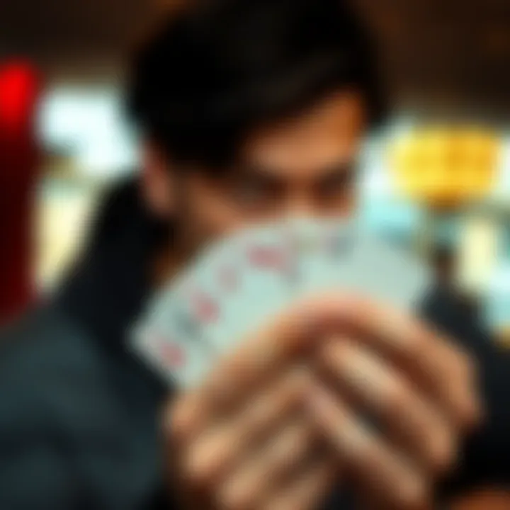 A person holding playing cards with a focused look, symbolizing the idea of taking risks for potential rewards in gambling and life.