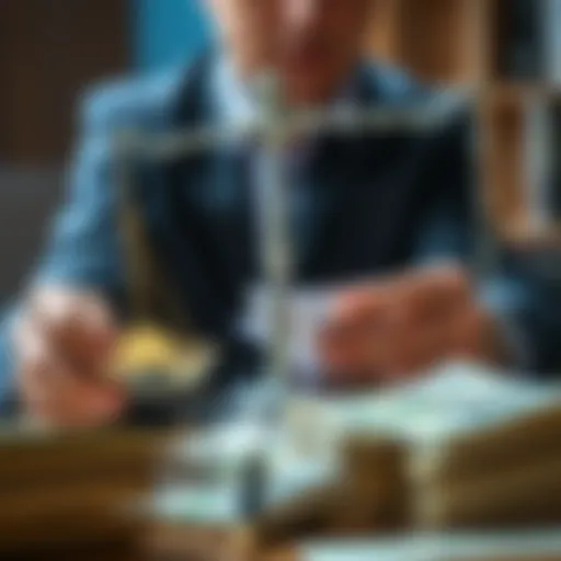 A person weighing options, looking at bills and a stack of cash, symbolizing financial risk and choices.