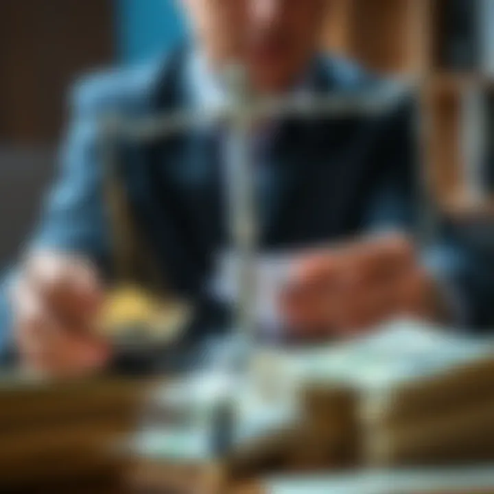 A person weighing options, looking at bills and a stack of cash, symbolizing financial risk and choices.