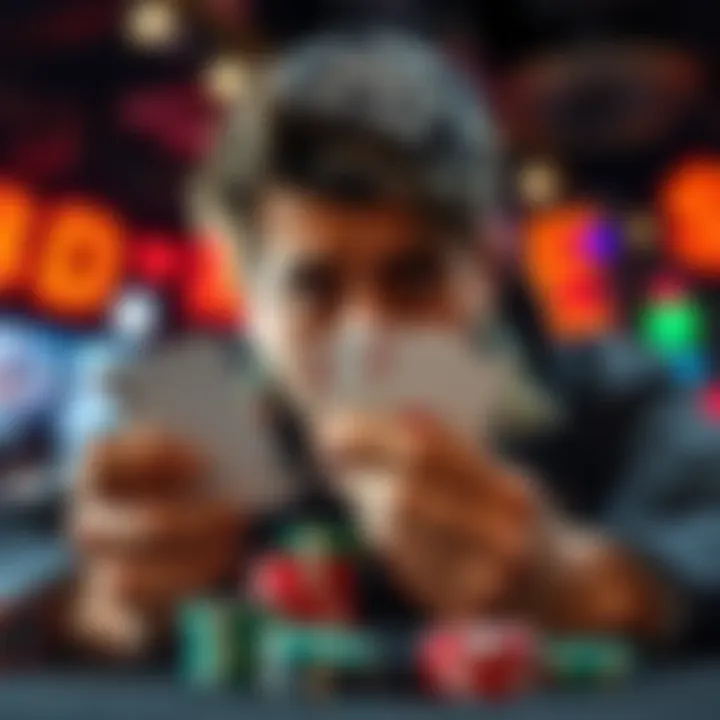 A person looking worried while holding a stack of poker chips and a playing card, representing the risks in the gambling market.