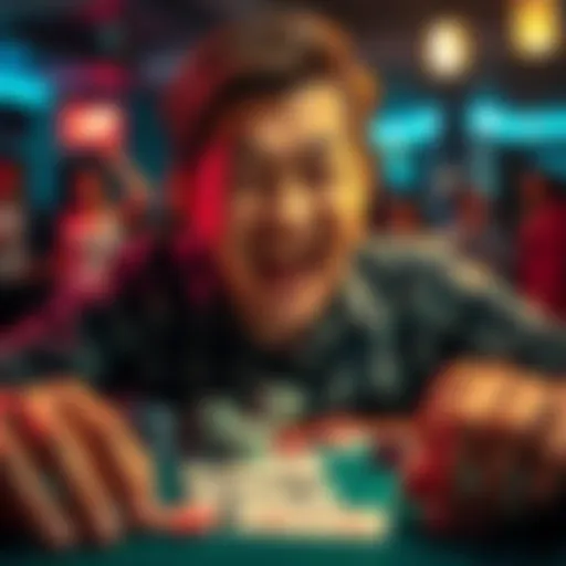 A person playing a card game with excitement on their face, surrounded by colorful chips and cards, showcasing the thrill of high-stakes gaming.