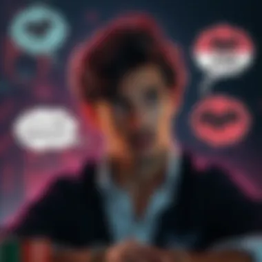 Risky Bet on Demons A person contemplating a risky bet involving five units, with a focused expression and thought bubbles showing possible outcomes, including demons and chance symbols