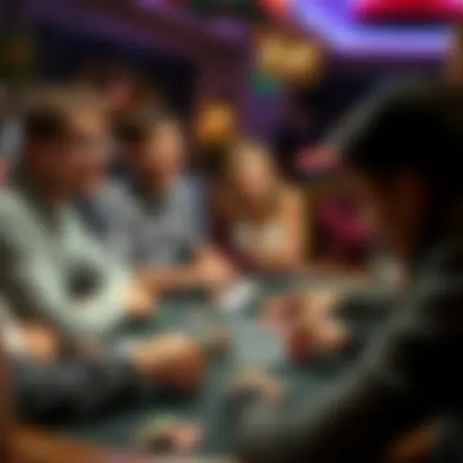 A group of people engaged in a lively betting game, with cards and chips on the table, showing excitement and anticipation