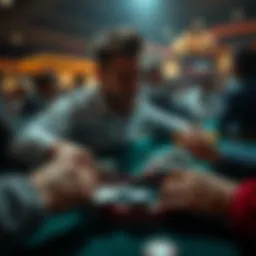 A person placing a bet with chips on a gaming table, showing excitement and tension, with a backdrop of other players and cards.