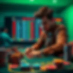 A person placing a bet at a gambling table with a nervous expression, surrounded by stacks of chips and odds displayed on a screen.