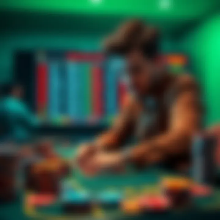 Risky Betting Scene A person placing a bet at a gambling table with a nervous expression, surrounded by stacks of chips and odds displayed on a screen.