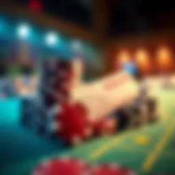 A close-up of poker chips and a betting slip on a blurred background of a casino table, representing the tension of gambling.