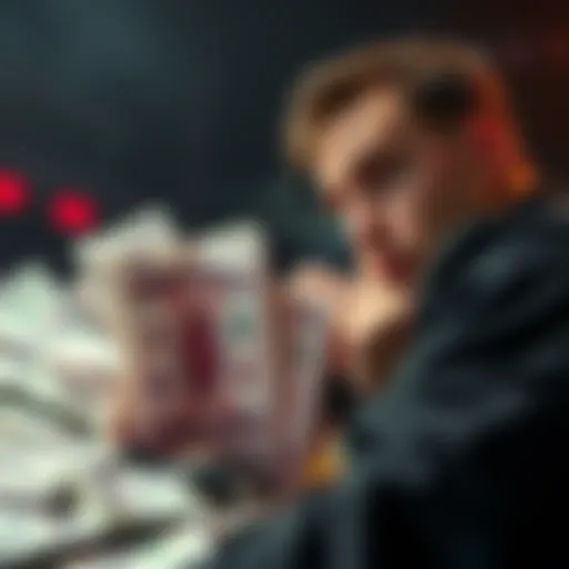 A person contemplating a large sports bet with a confident expression, surrounded by betting slips and cash, symbolizing high stakes and profit potential.