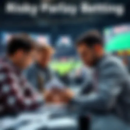 A group of people discussing betting strategies around a table with betting slips and sports event images in the background.